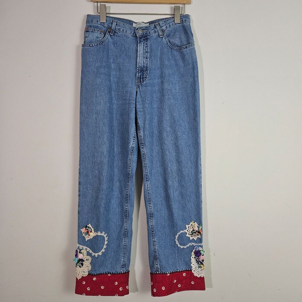 Gap Vintage Women's Jeans 10 Blue Wide Leg Ankle Y2K Embellished Boho Funky